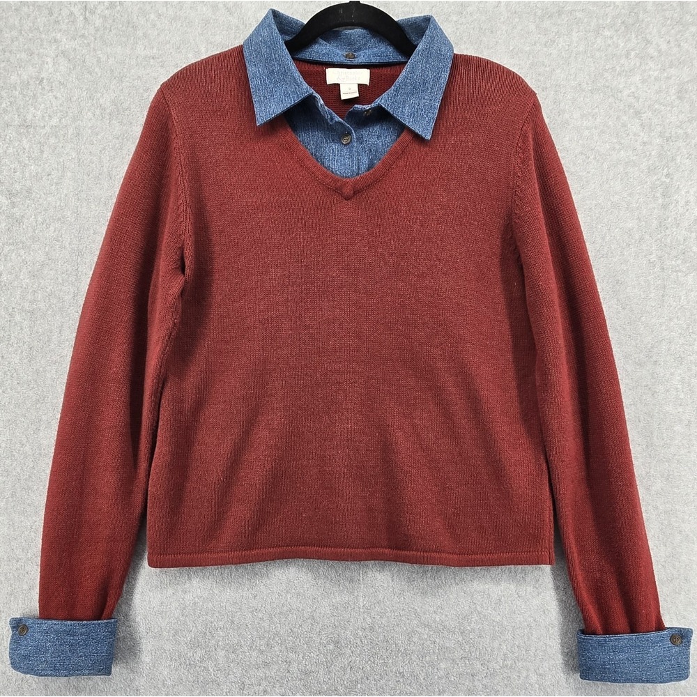 Vtg Christopher Banks Sweater Sz S Rust Red W/Button Detachable Denim Collar Y2K - Picture 1 of 7